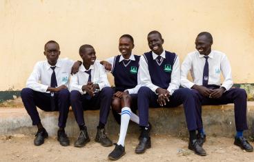 Five young men, students at an Education Bridge school in South Sudan