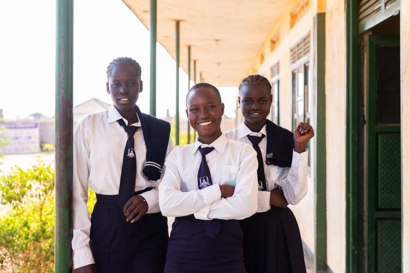 Three girls, students at an Education Bridge school in South Sudan. 