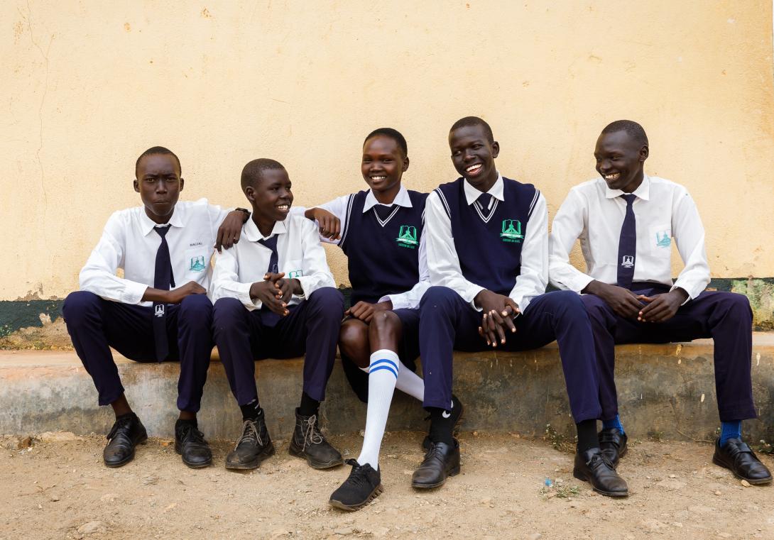 Five young men, students at an Education Bridge school in South Sudan